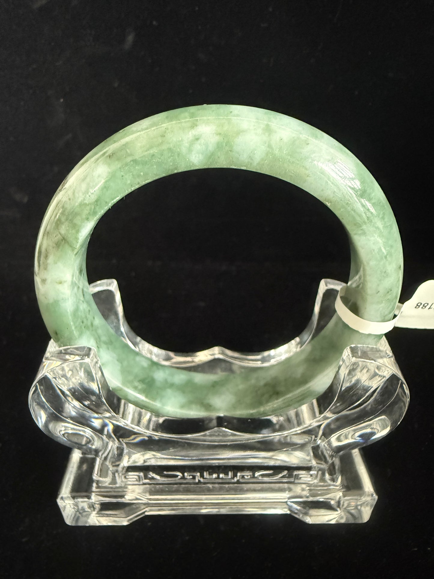 225. White prints on leave green Jade bangle