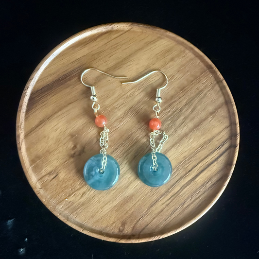 E341. Dangling safety button Jade Earring