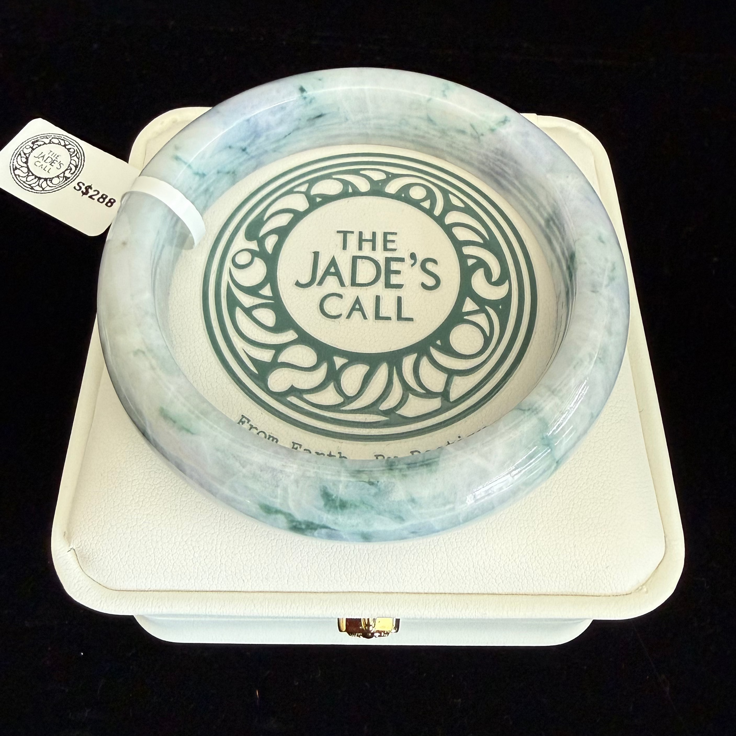 445. White with natural dark green prints Jade Bangle