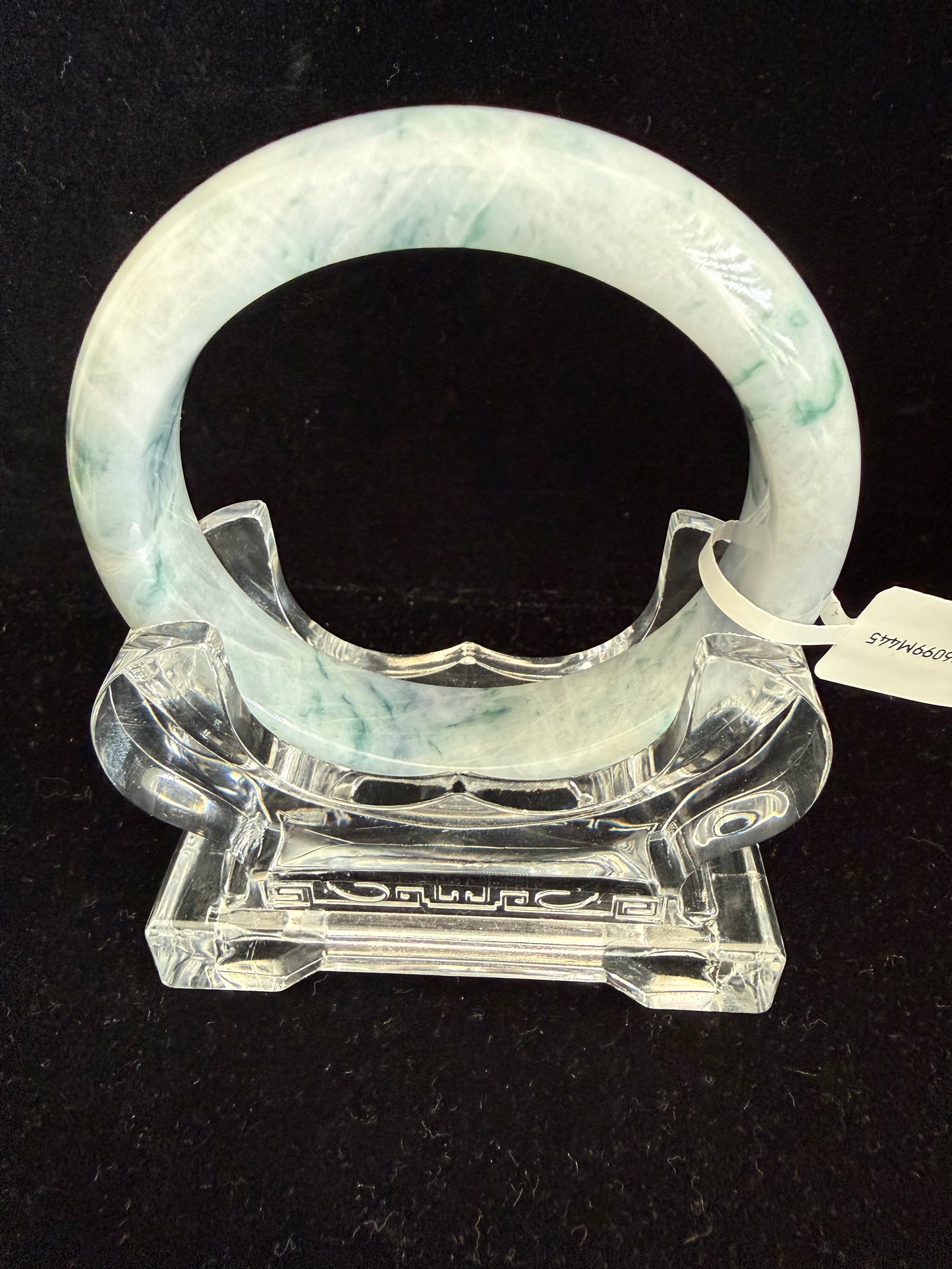 445. White with natural dark green prints Jade Bangle