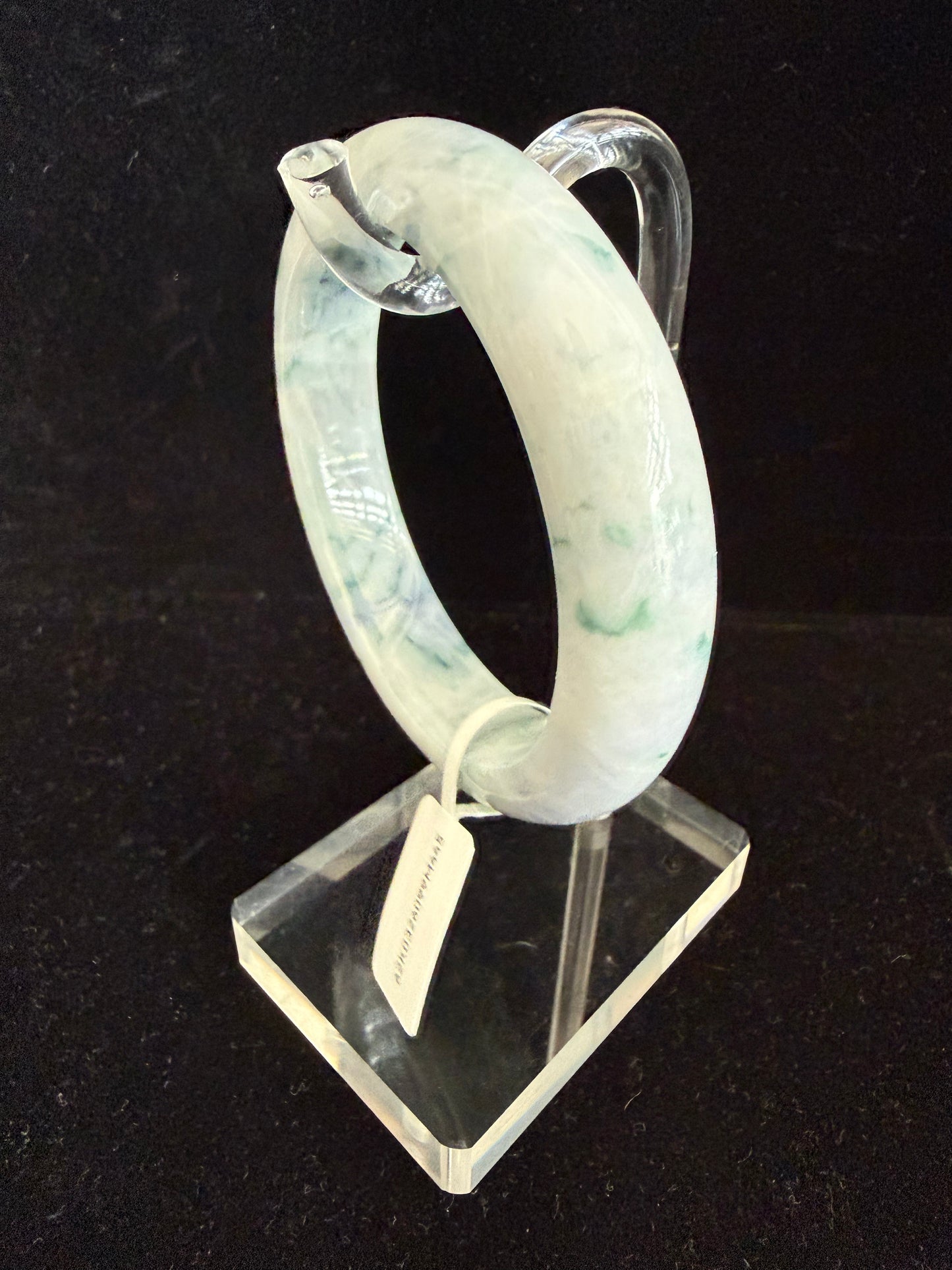 445. White with natural dark green prints Jade Bangle