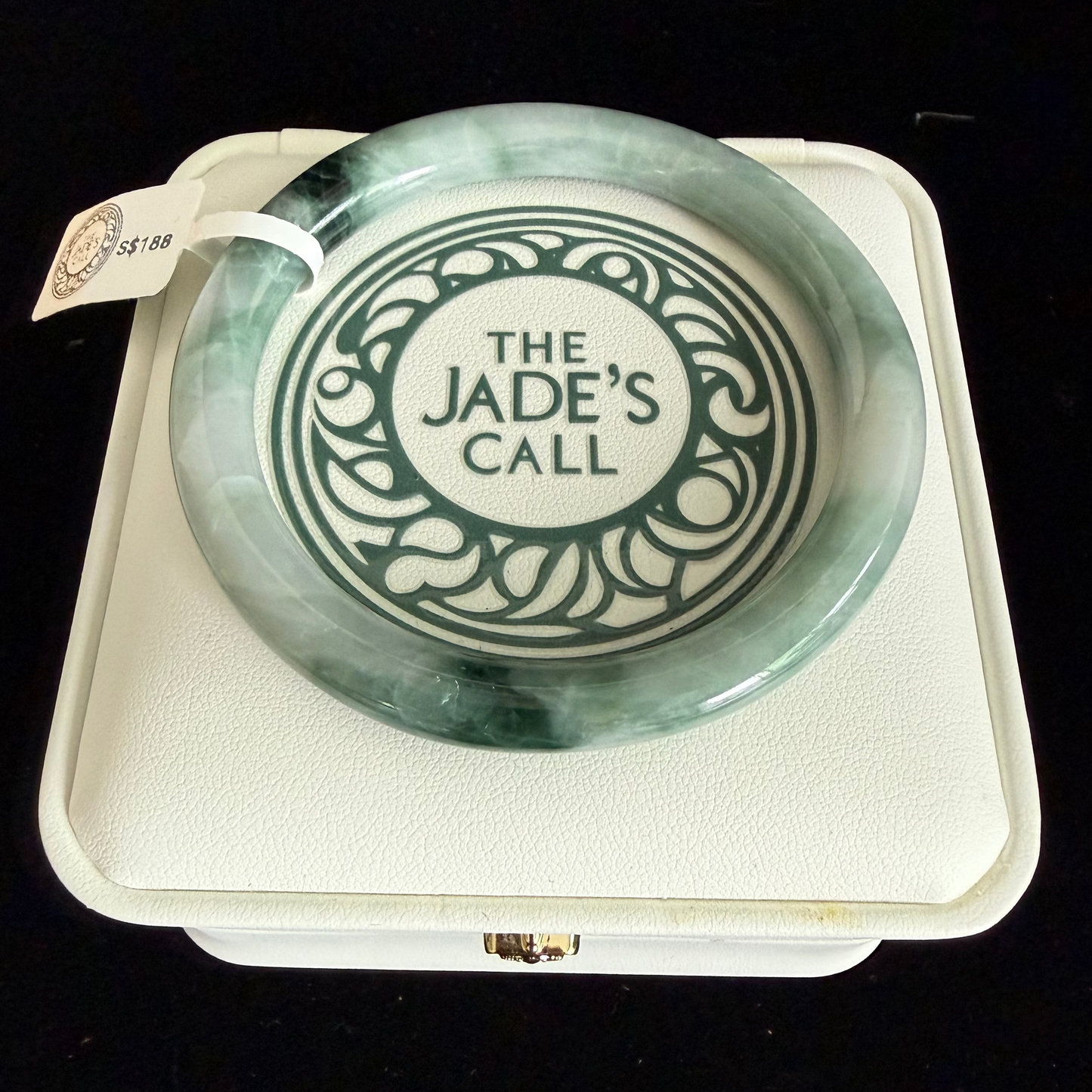 452. Thin white with dark green clouds jade bangle
