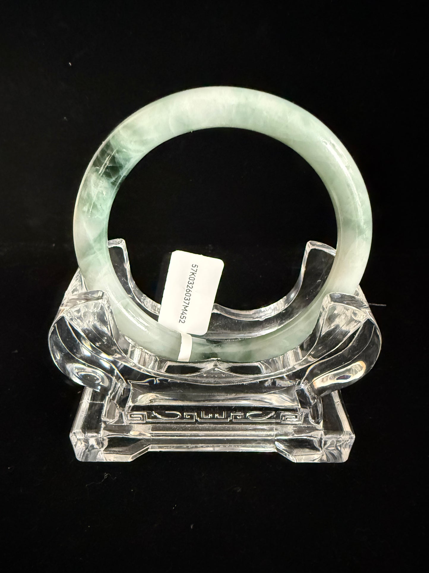 452. Thin white with dark green clouds jade bangle