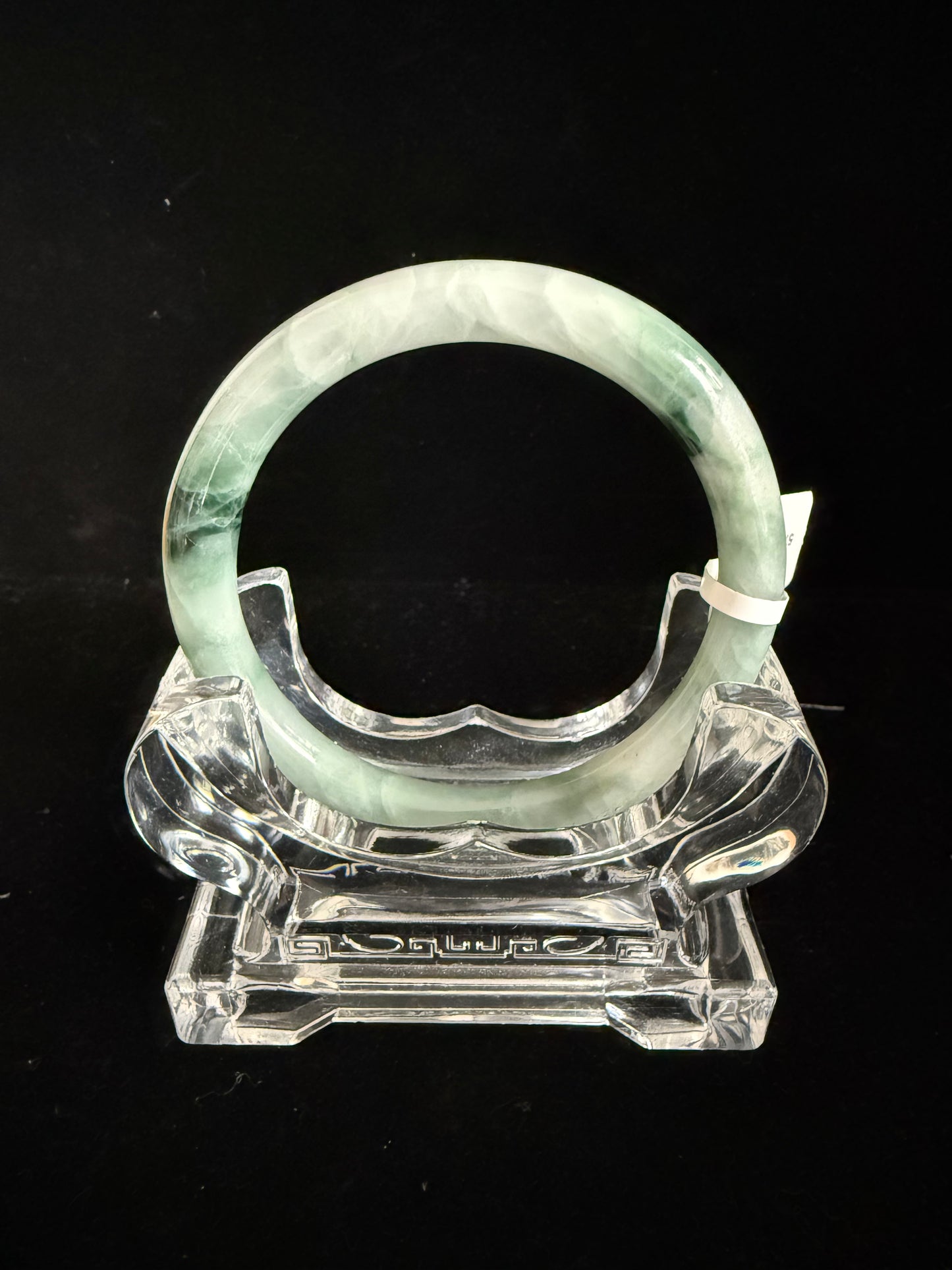 452. Thin white with dark green clouds jade bangle