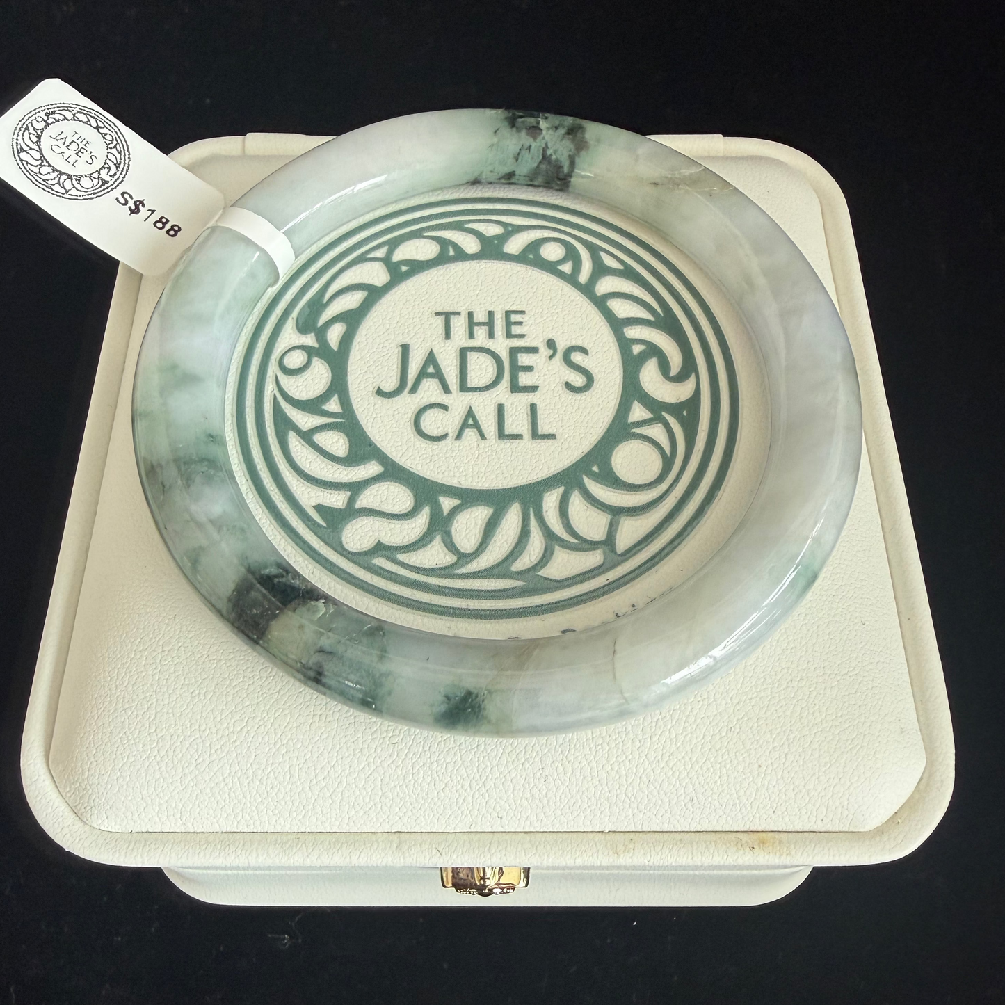 430. White with green and black veins jade bangle