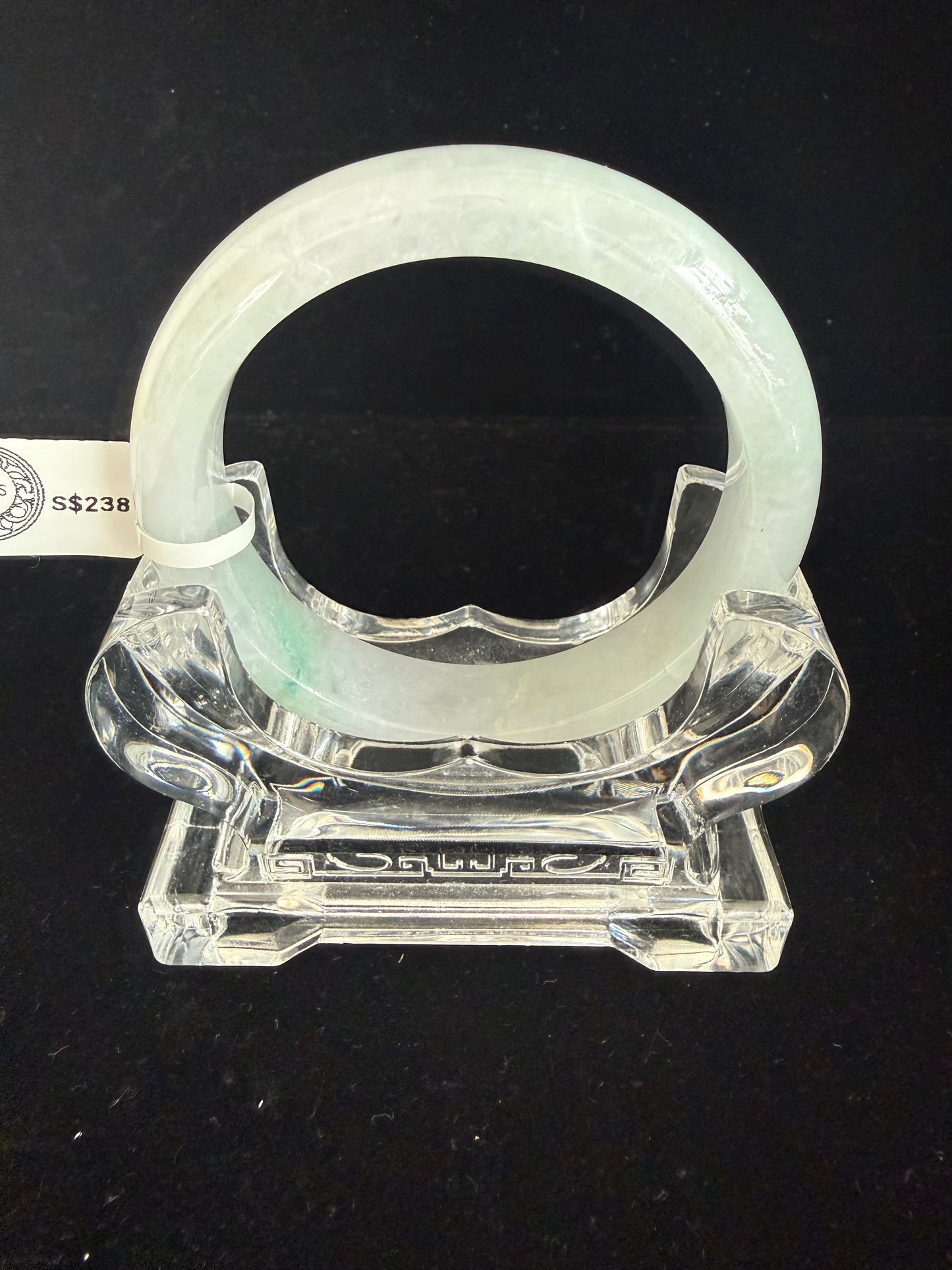 423. Icy white with green flashes jade bangle