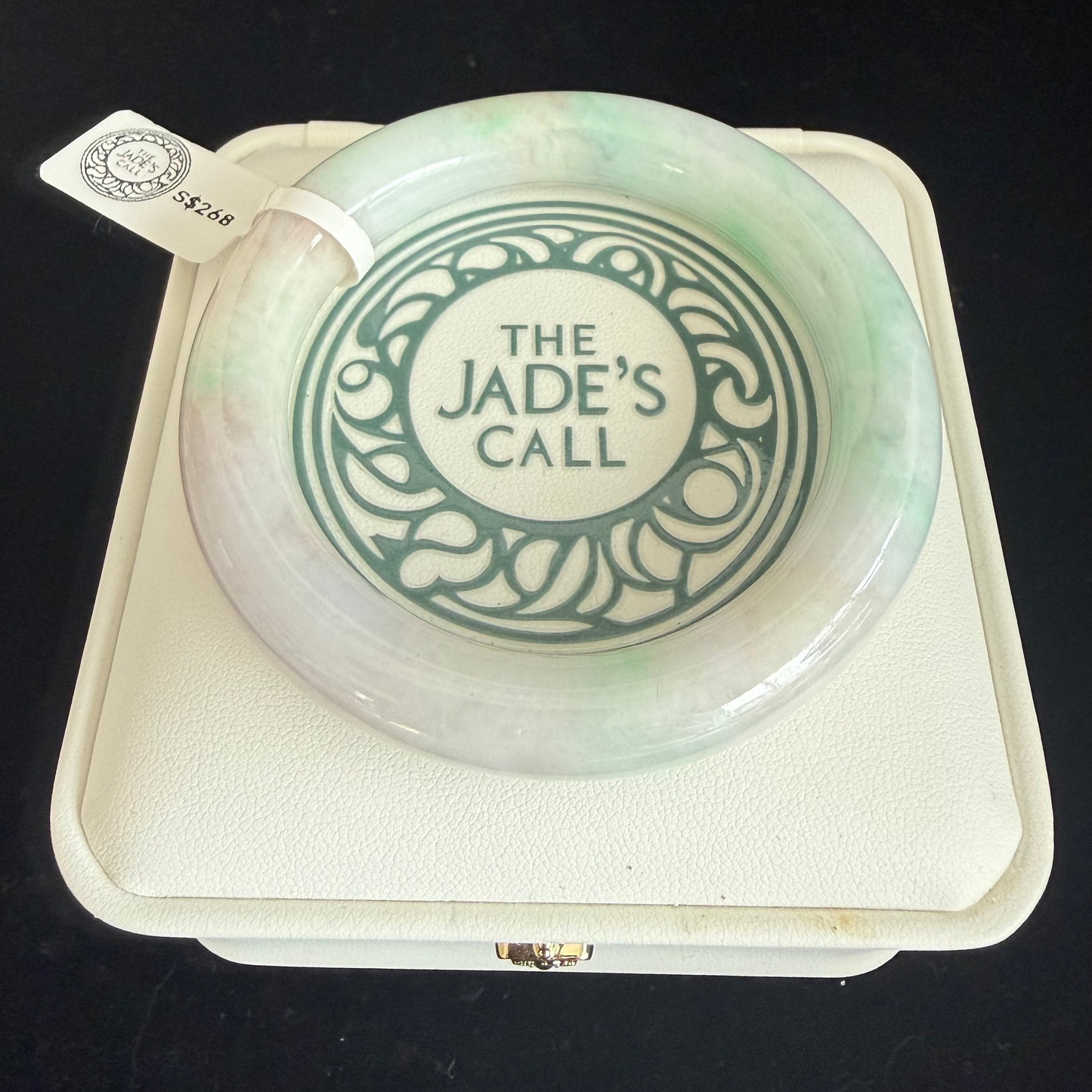 420. White with lavender and apple green traditional round jade bangle