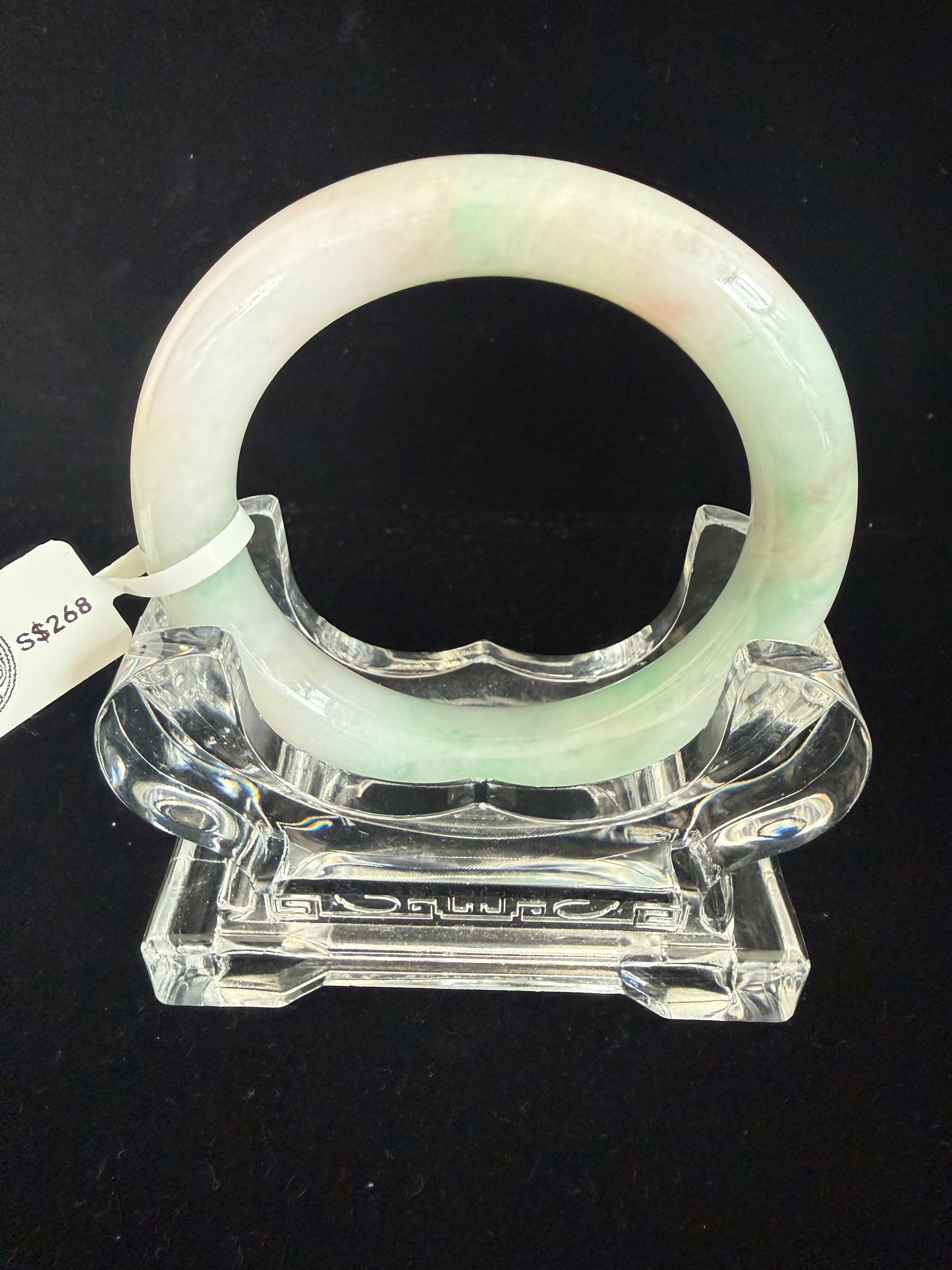 420. White with lavender and apple green traditional round jade bangle