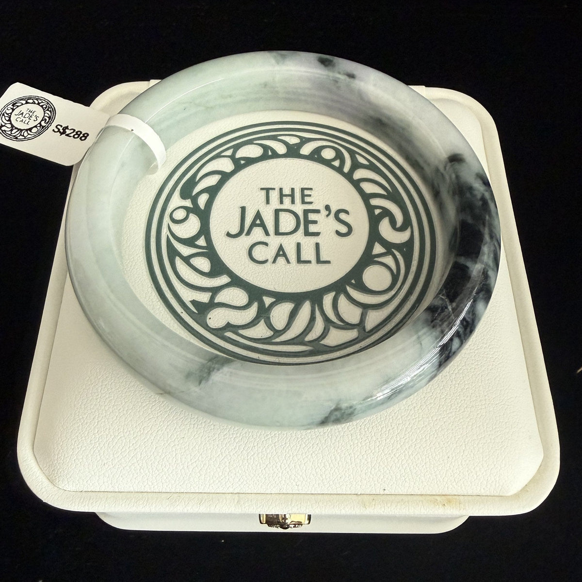 475. White with black-green ink patches chunky jade bangle