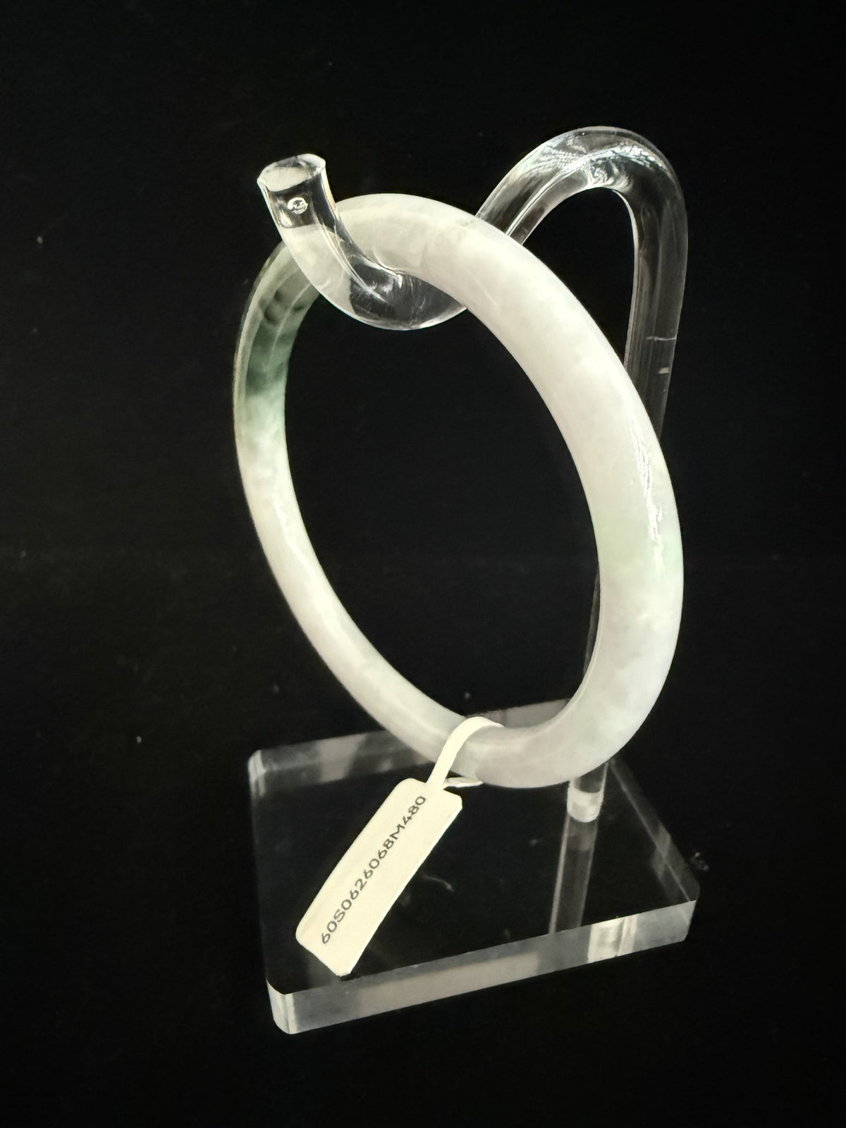 480. Lavender white with dark green patch thin jade bangle