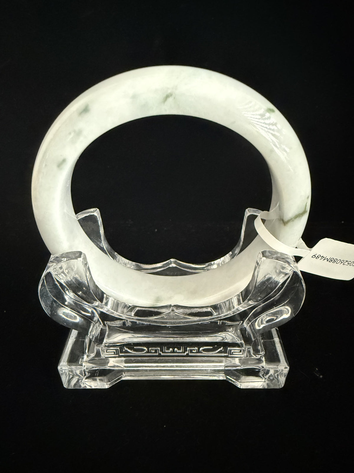489. Milky white with green flecks chunky jade bangle