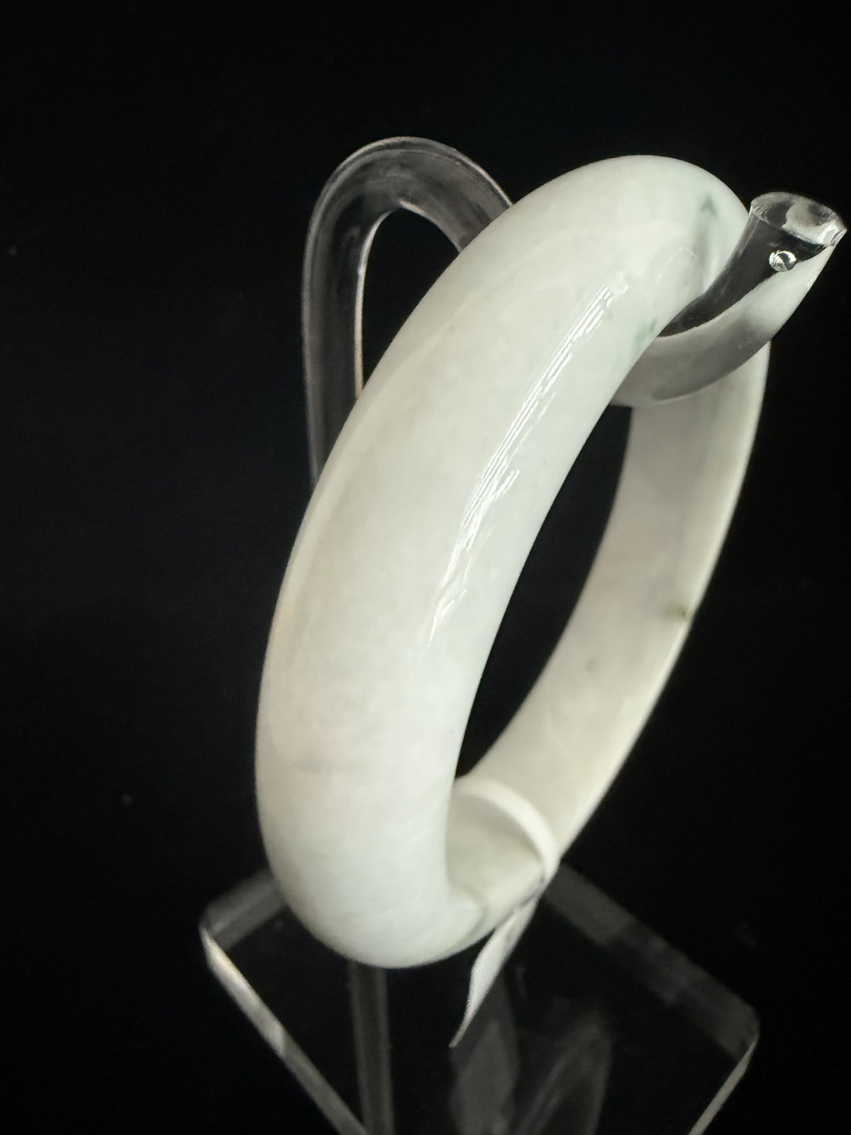 489. Milky white with green flecks chunky jade bangle