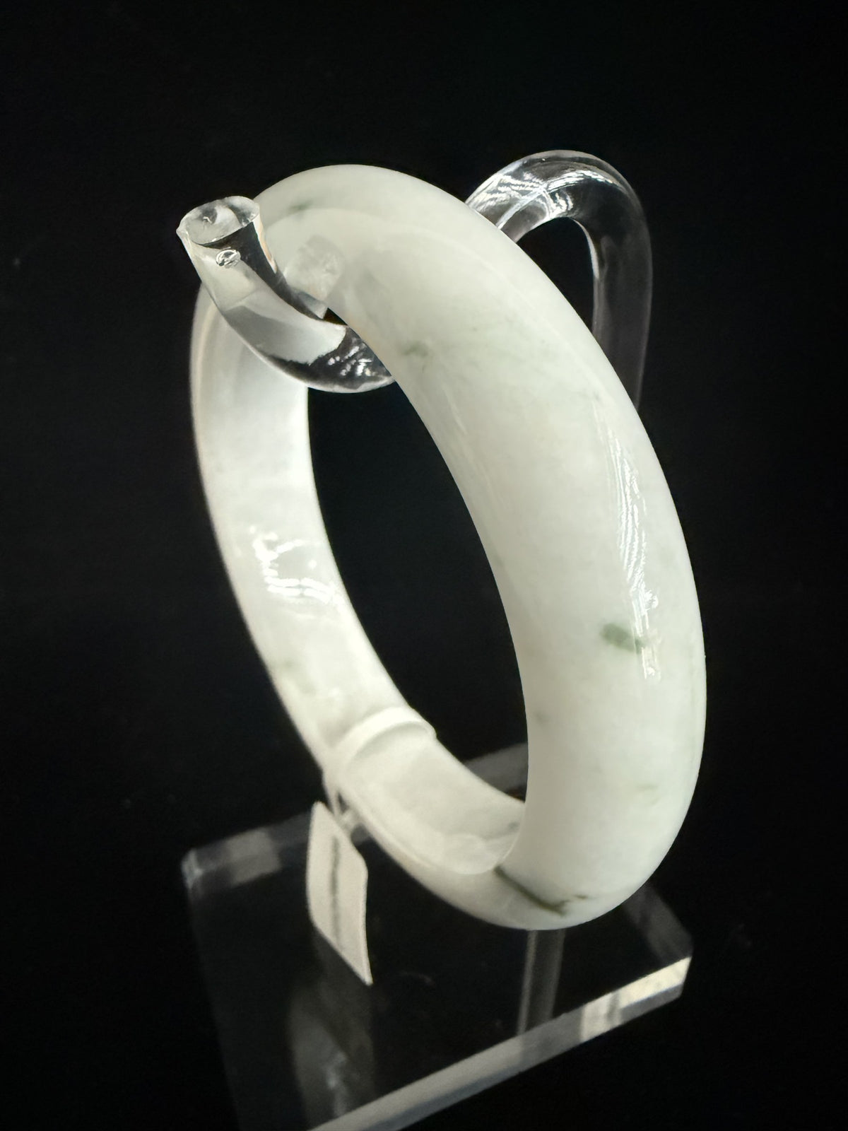 489. Milky white with green flecks chunky jade bangle