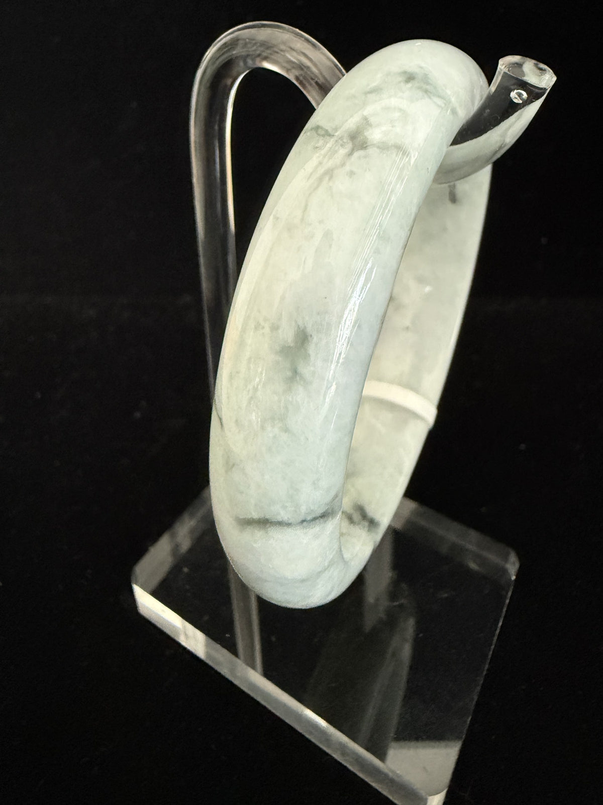 493. White with dark ink patches chunky jade bangle