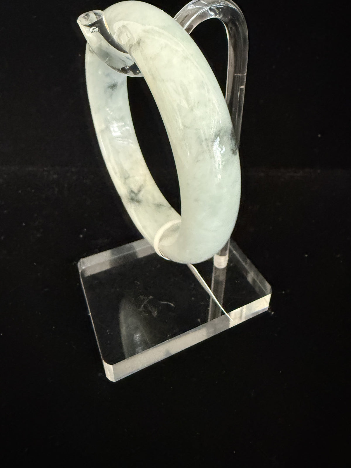 493. White with dark ink patches chunky jade bangle
