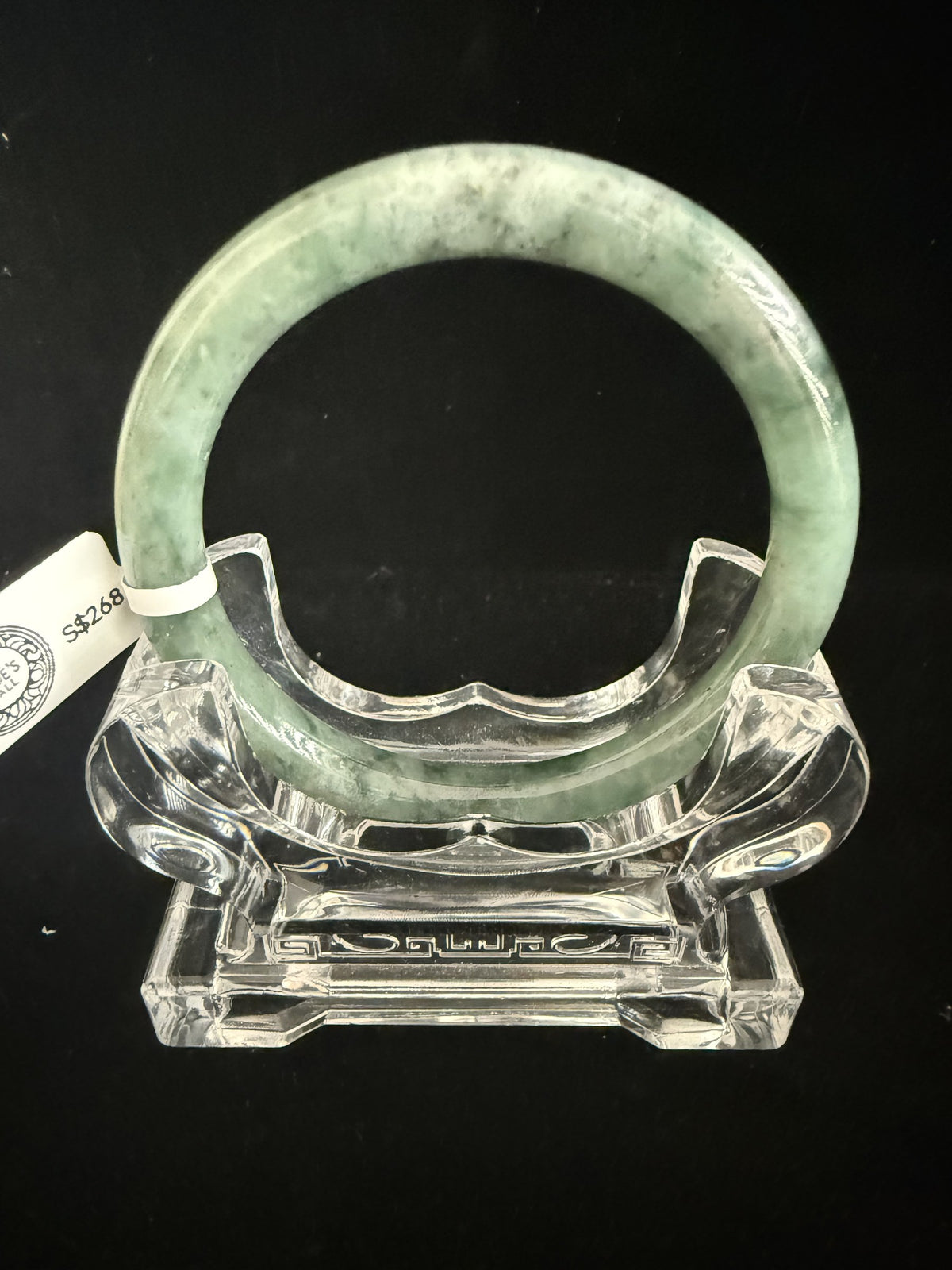516. Fresh green with dark flecks thin jade bangle
