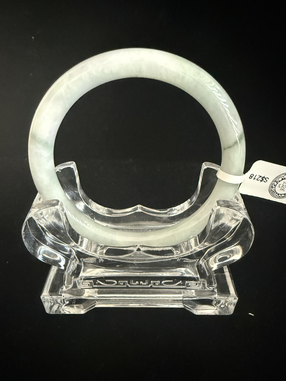 524. Pale celadon white with green vein thin jade bangle