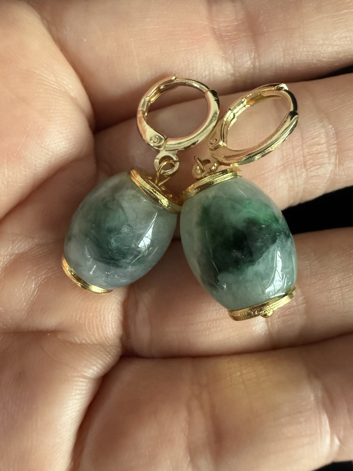Green patch barrel drop Jade Earring