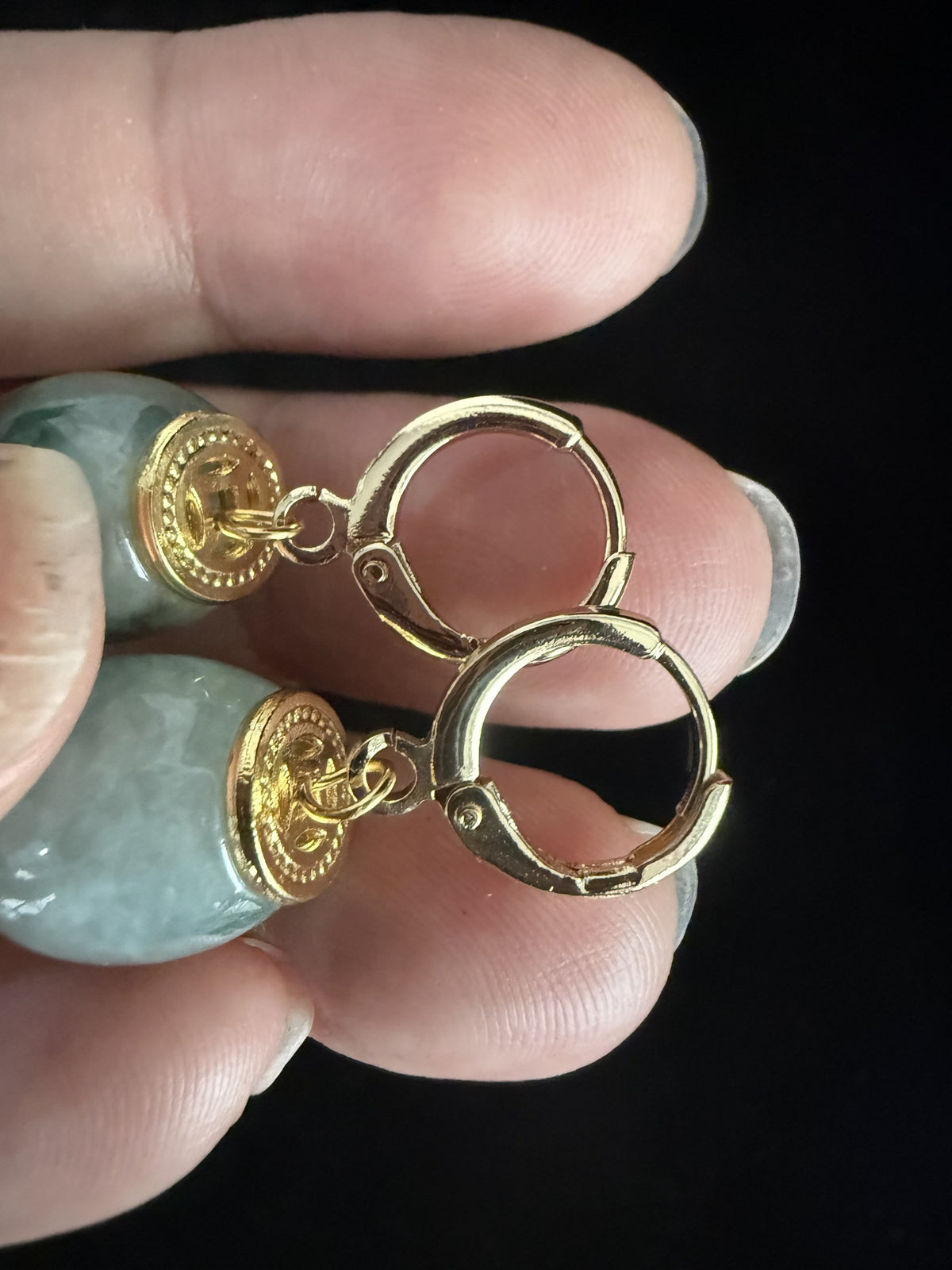 Green patch barrel drop Jade Earring