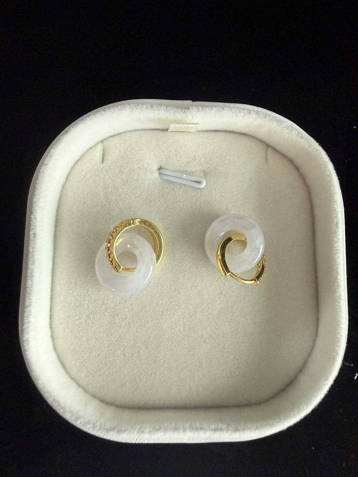 White safety button hoop Jade Earring