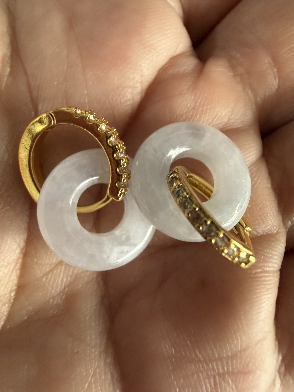 White safety button hoop Jade Earring