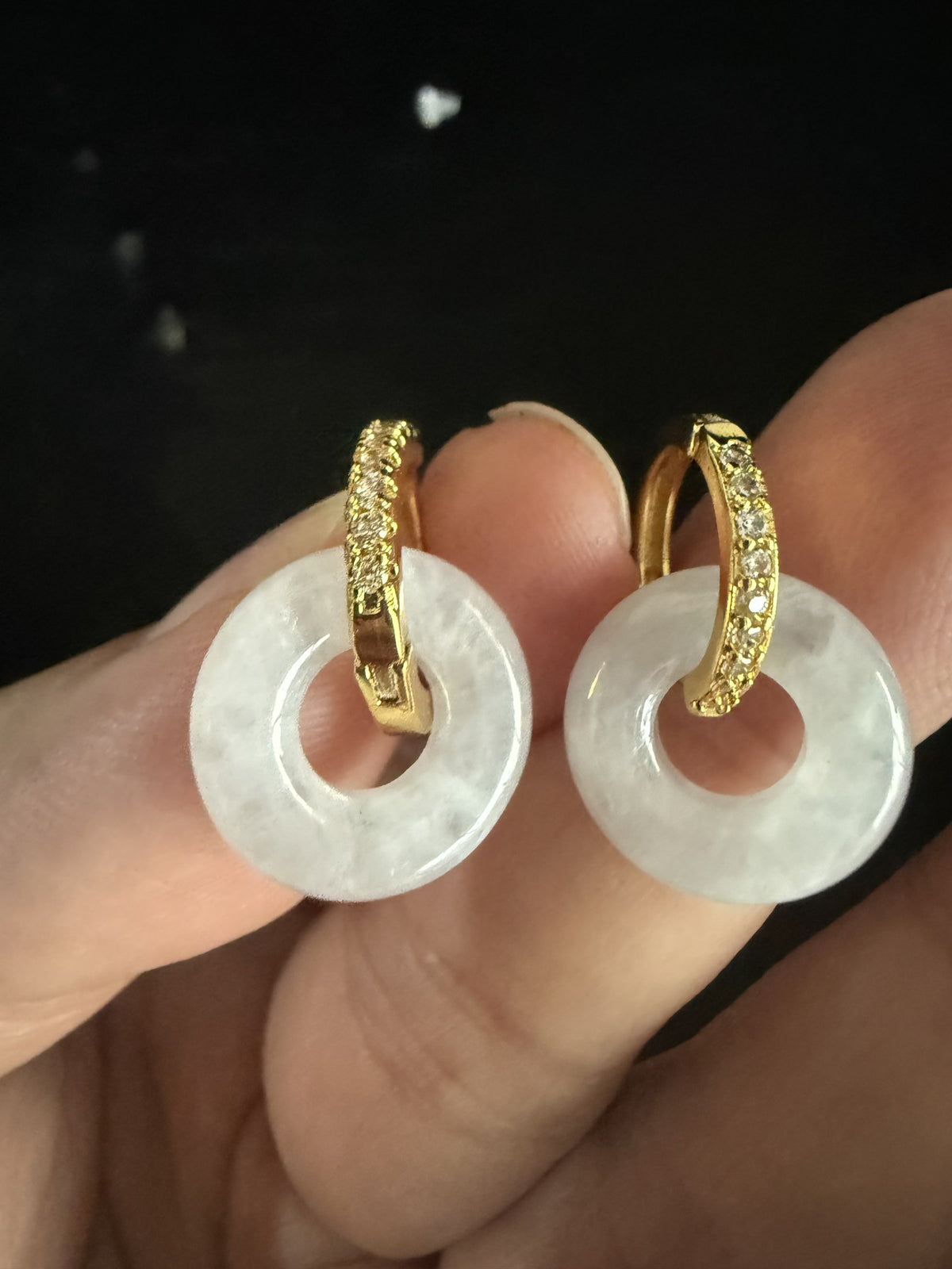 White safety button hoop Jade Earring