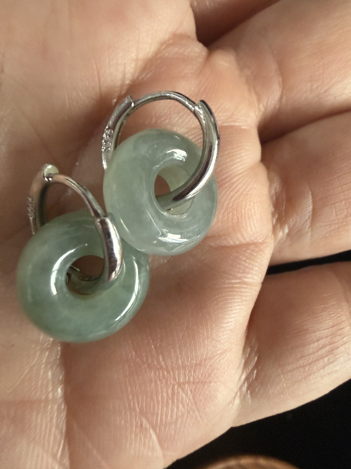 Light green safety button hoop Jade Earring